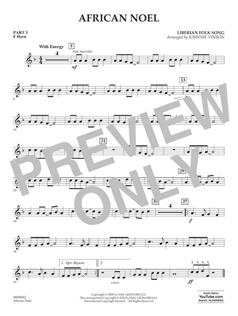 African Noel Arr Johnnie Vinson Pt 3 F Horn By Liberian Folk Song Sheet Music For Concert