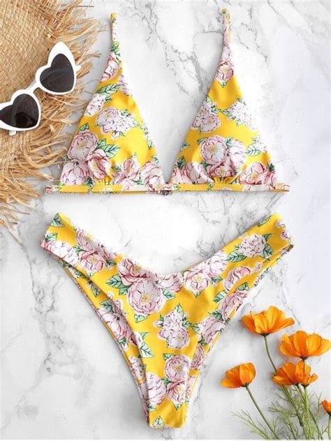 High Leg Floral Padded Bikini Set Rubber Ducky Yellow L Swimwear