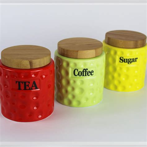 Set Of 3 Colour Ceramic Storage Canisters Tea Coffee Sugar Jars With