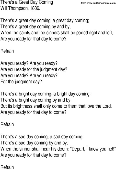 Hymn And Gospel Song Lyrics For Theres A Great Day Coming By Will Thompson