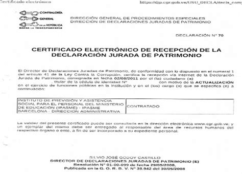 Certificado Electrónico De Recepción De La DeclaraciÓn Jurada De Patrimonio