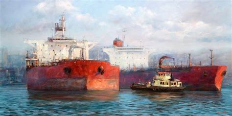 Oil Tanker Ships on the Port. Painting by Roman Ben | Saatchi Art