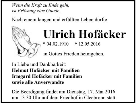 Traueranzeigen von Ulrich Hofäcker trauerundgedenken de