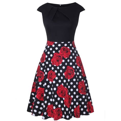 Femenino Y Favorecedor Vestido Vintage Bicolor Con Falda Estampada Con