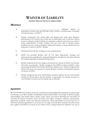 Fillable Online Study Abroad Release And Waiver Of Liability And