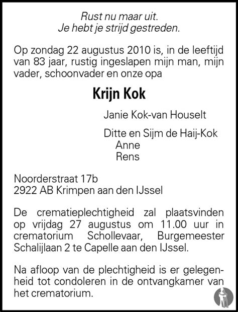 Krijn Kok 22 08 2010 Overlijdensbericht En Condoleances Mensenlinq Nl