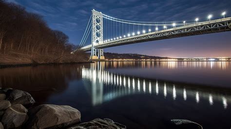 Lit Bridge Lighted Up With Rocks And A Water Front Near It Backgrounds