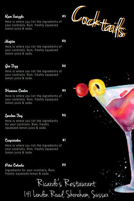 Cocktail Menu Card Template Postermywall