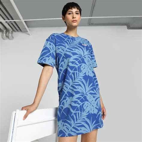 Women's PUMA PALM RESORT Printed Relaxed Fit Dress in Black/Blue size S ...