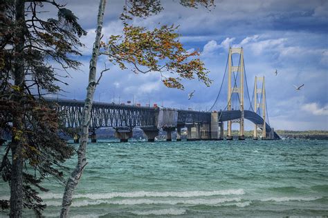 Mackinac Bridge In Autumn At The Michigan Straits Photograph By Randall