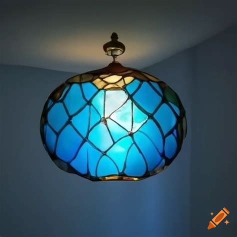 Blue Stained Glass Lampshade Against A White Wall