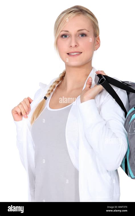 Blonde Girl With Sports Bag Stock Photo Alamy