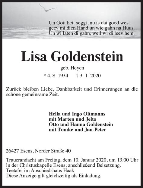 Traueranzeigen Von Lisa Goldenstein Nordwest Trauer De