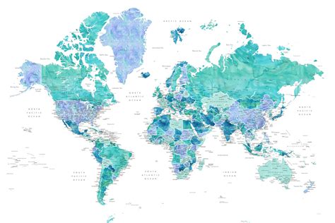 Map Of Aquamarine And Blue Watercolor Detailed World Map Maps Of All