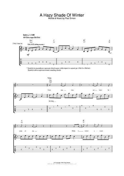 A Hazy Shade Of Winter Sheet Music By Simon And Garfunkel For Guitar Tab