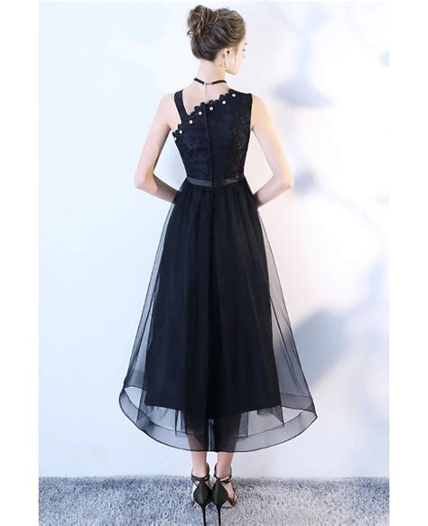 Black Lace Tulle Party Dress Tea Length With Irregular Shoulder