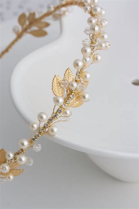 Gold Bridal Headband Pearl Headpiece Matt Gold Leaf Headband