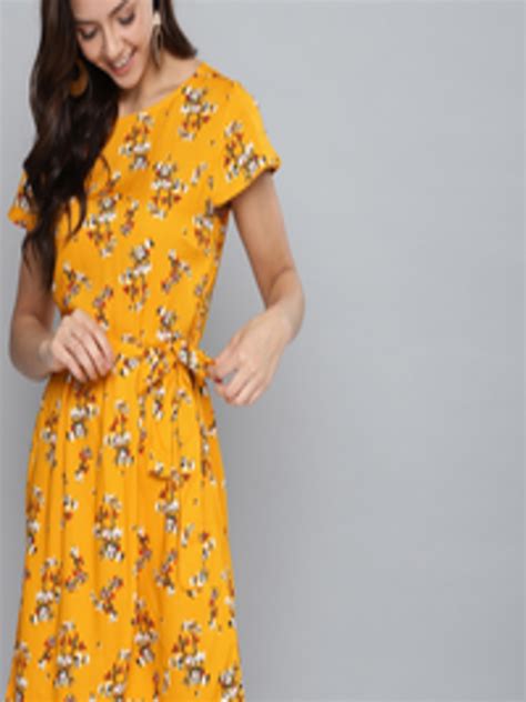 Buy Mast And Harbour Women Floral Printed Mustard Yellow A Line Dress