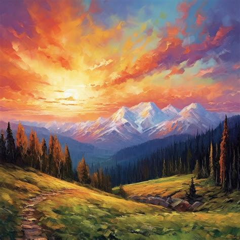 Premium AI Image | A painting of a mountain landscape with a sunset in ...