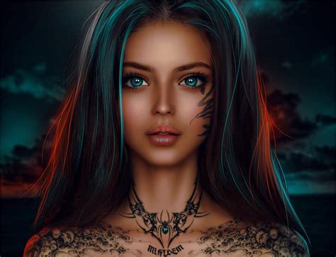 MiniDem Women Fantasy Girl Brunette Blue Eyes Spider Sky Clouds