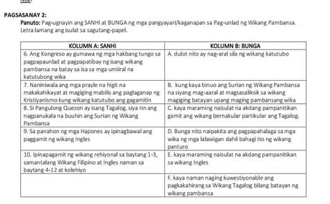 PAGSASANAY 2 Panuto Pag Ugnayin Ang SANHI At BUNGA Ng Mga Pangyayari