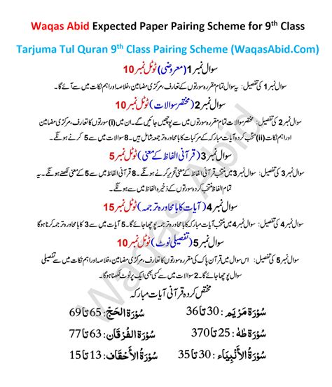 Th Class Tarjuma Tul Quran Pairing Scheme Punjab