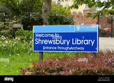 Shrewsbury, UK - May 4, 2023; Two tone blue sign with text for Welcome ...