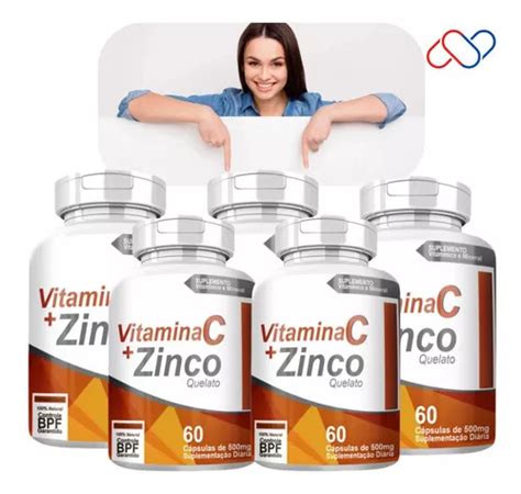 Kit con 5 frascos de vitamina C y zinc de 500 mg C 300 cápsulas