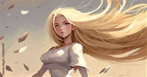 A Brave Medieval Inspired Anime Girl With Long Blonde Hair Wind Is Blowing Through Her Hair