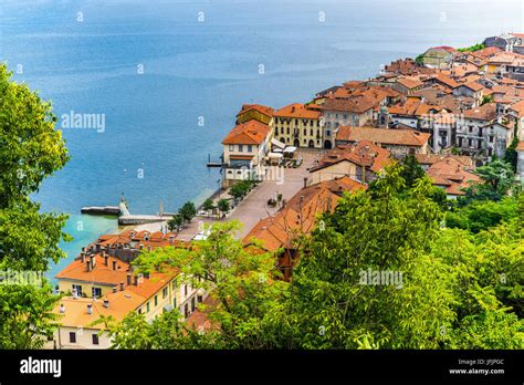 Lake Maggiore, Arona, historic center, Italy. Aerial view of Piazza del ...