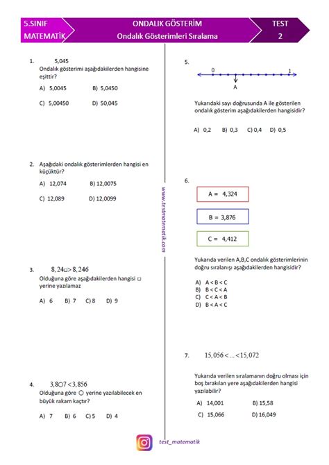 Sinif Ondalik G Ster Mler Siralama Test Test Matematik