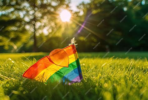 Premium Photo Rainbow Lgbt Pride Flag On Grass With Sun Shining Into