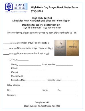 Fillable Online High Holy Day Prayer Book Order Form 5783 2022