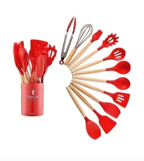 Juego Utensilios Pzs Silicona Set Resistente Calor Cocina Rojo