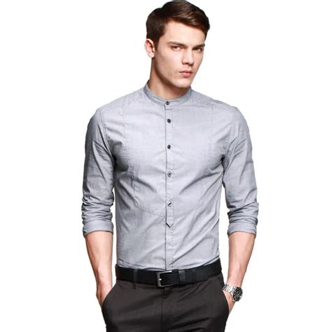 2014 Hot Mens Slim Fit Shirt Cotton Casual Mandarin Collar Shirts Solid For Men Blue Gray M L Xl