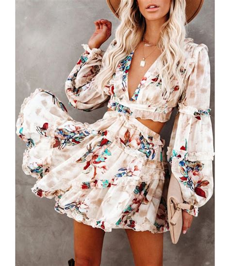 Deep V Neck Lantern Long Sleeved Flower Print Ruffled Trim Hollow Dress