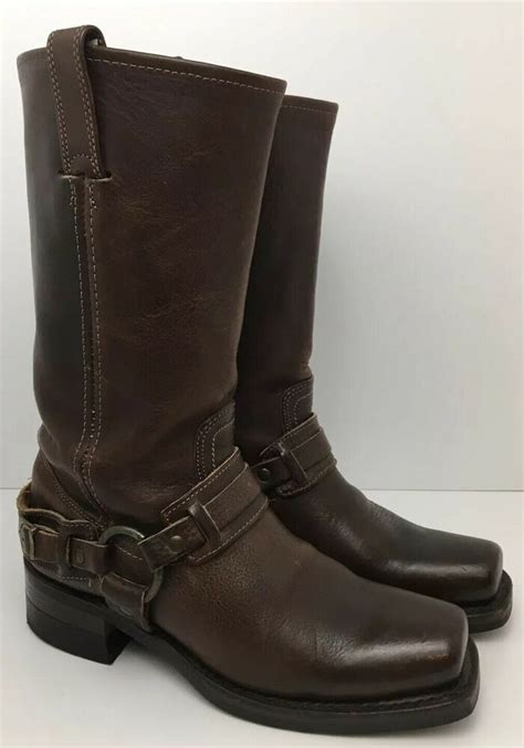 Frye Boots USA Brown Leather Square Toe Harness Biker With Buckle