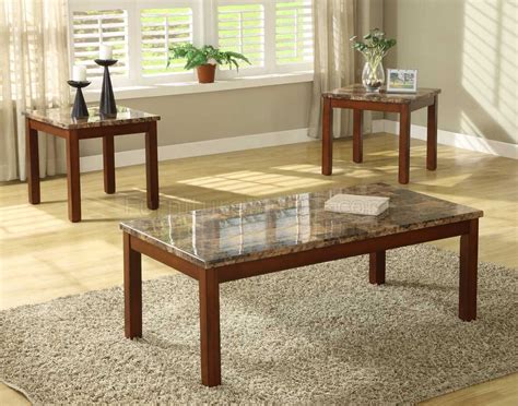 Cherry Finish Modern Pc Coffee Table Set W Faux Marble Top