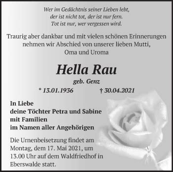 Traueranzeigen von Hella Rau Märkische Onlinezeitung Trauerportal