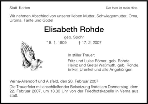 Traueranzeigen Von Elisabeth Rohde Trauer Hna De