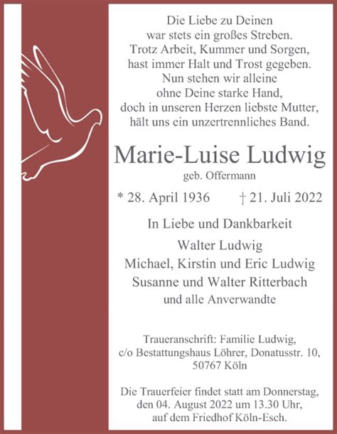 Traueranzeigen Von Marie Luise Ludwig Wirtrauern