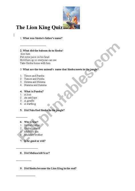 Lion King Movie Trivia Esl Worksheet By Felicia Jelena