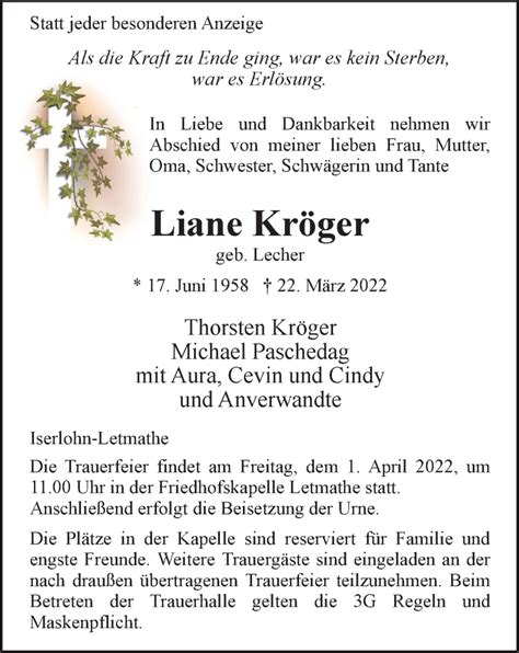 Traueranzeigen von Liane Kröger Trauer in NRW de