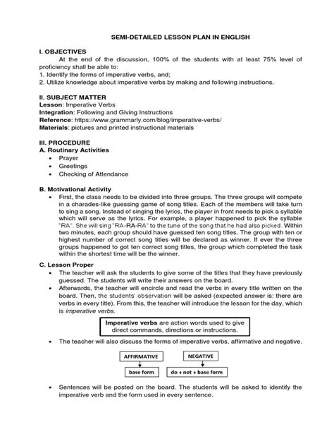 Semi Detailed Lesson Plan For Imperative Verbs G7 English Lesson Plan English Language