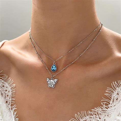 Amazon Zeshimb Boho Layered Butterfly Necklace Blue Crystal