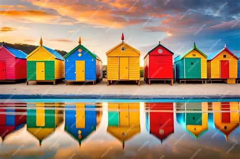 Premium Photo Colorful Beach Huts On The Beach At Sunset