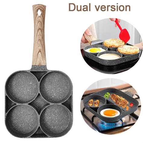 4 Hole Omelet Pan For Burger Egg Ham Pancake Maker Wooden Handle Frying