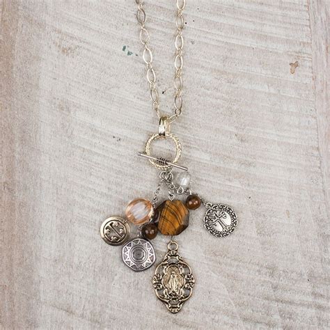 Toggle Necklace Vintage Medallion With Tigereye Stone Silver And