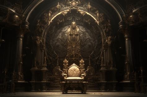 Premium Photo | A golden throne in a dark room with a chandelier