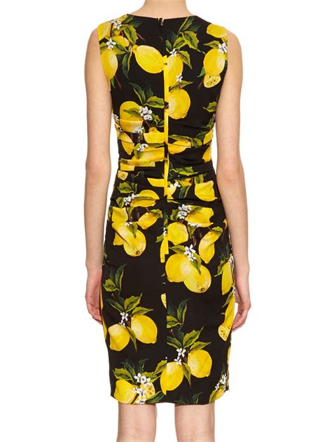 Dolce And Gabbana Wool Lemon Print Ruched Silk Dress In Black Yellow Black Lyst